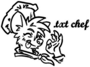 Drawing of the Bootleg64 site mascot drawn in the style of the classic pizza chef seen on pizza boxes, with the text '.txt chef' in cursive.